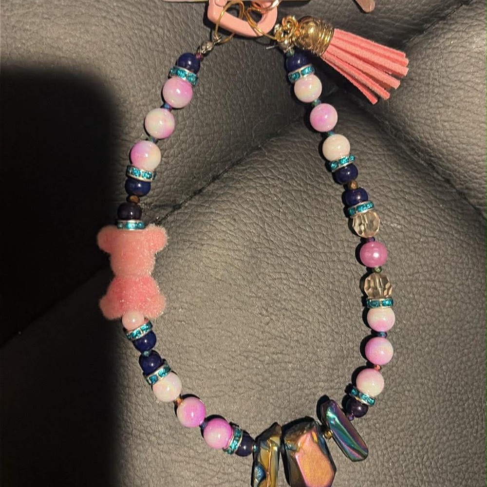 Pink Beaded Teddy Charm Cellphone Charm with Tassel